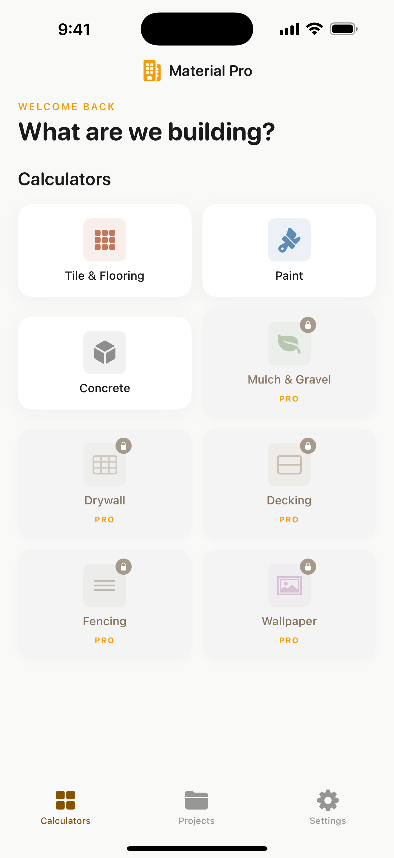Material Calculator Pro home screen with 8 calculator tiles