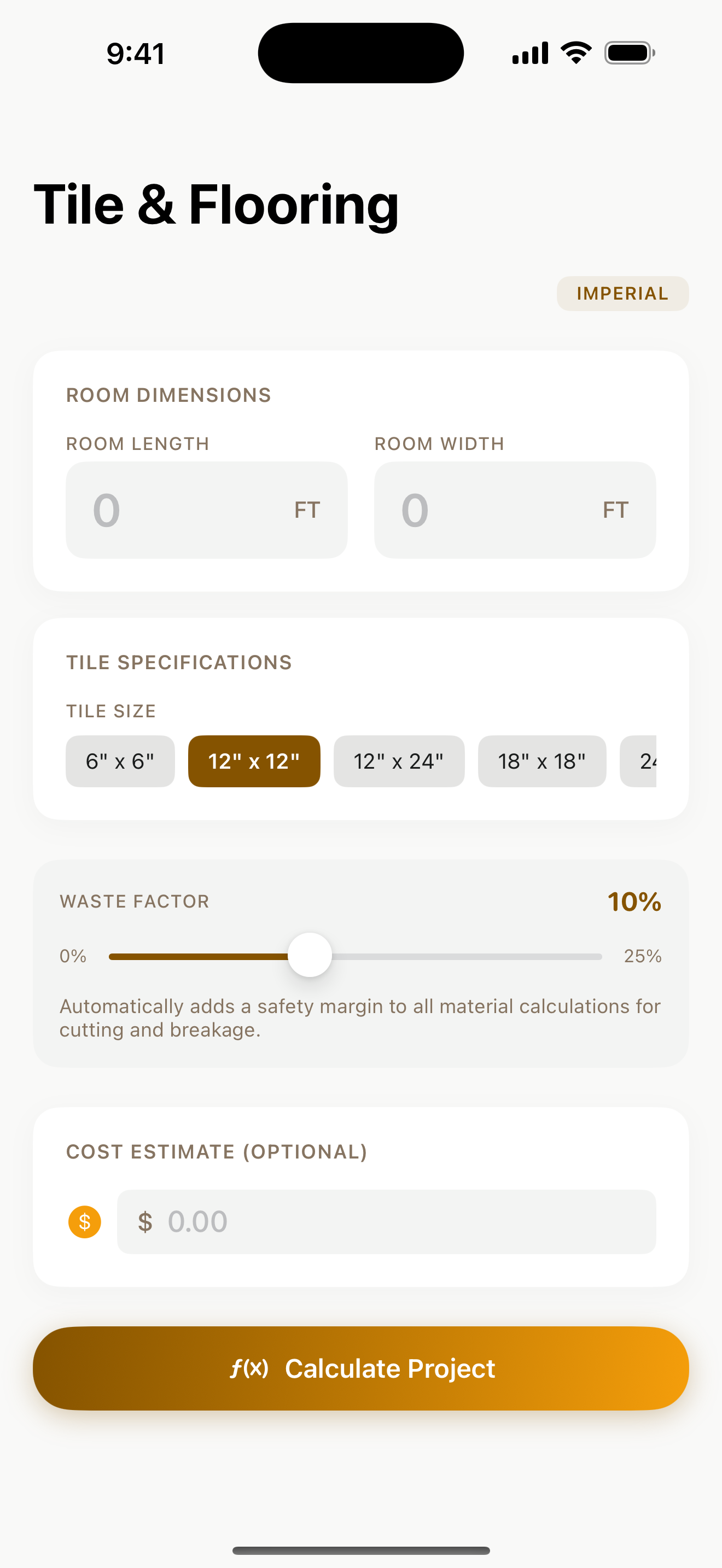 Tile and flooring input screen with room dimensions, tile size segmented control, and waste factor slider