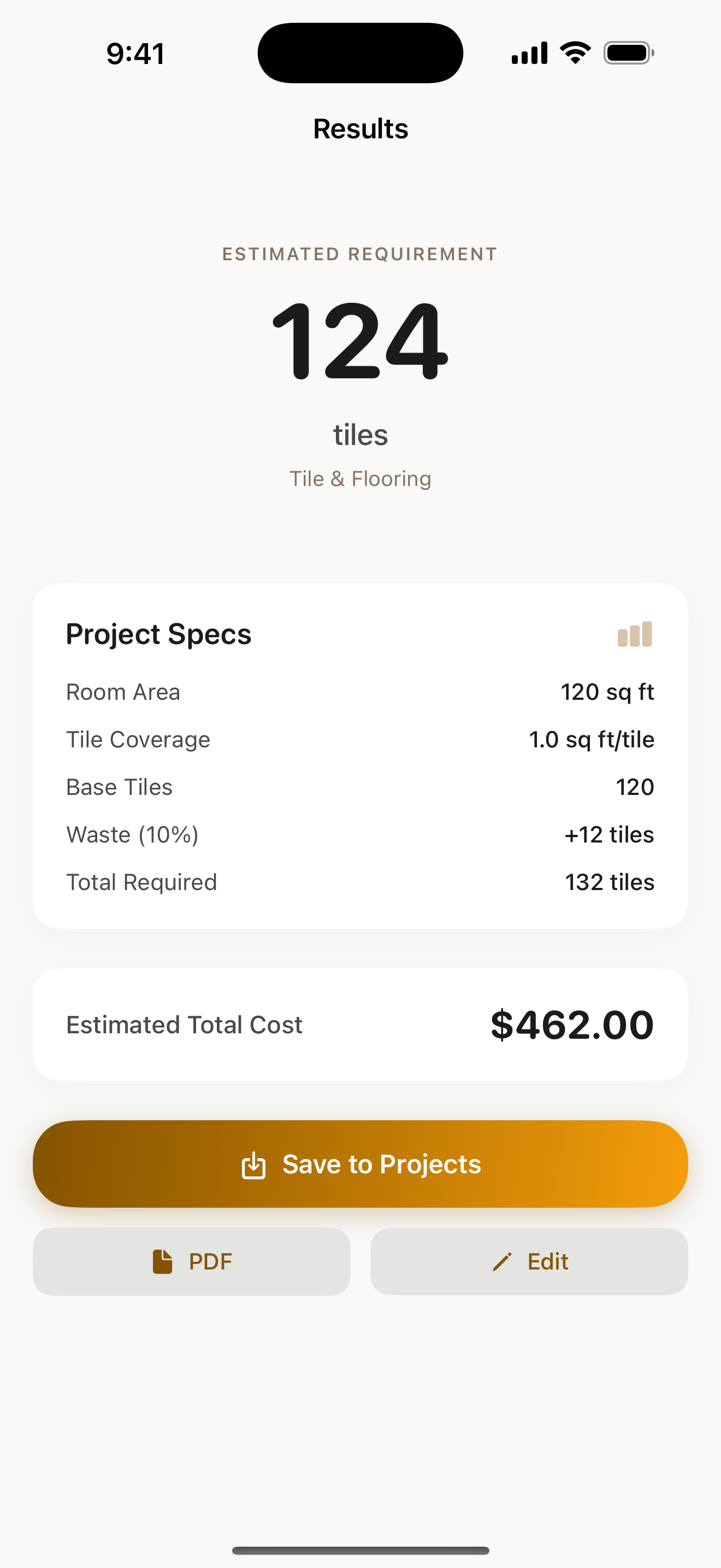 Material Calculator Pro results screen showing 124 tiles required and $462 total cost estimate
