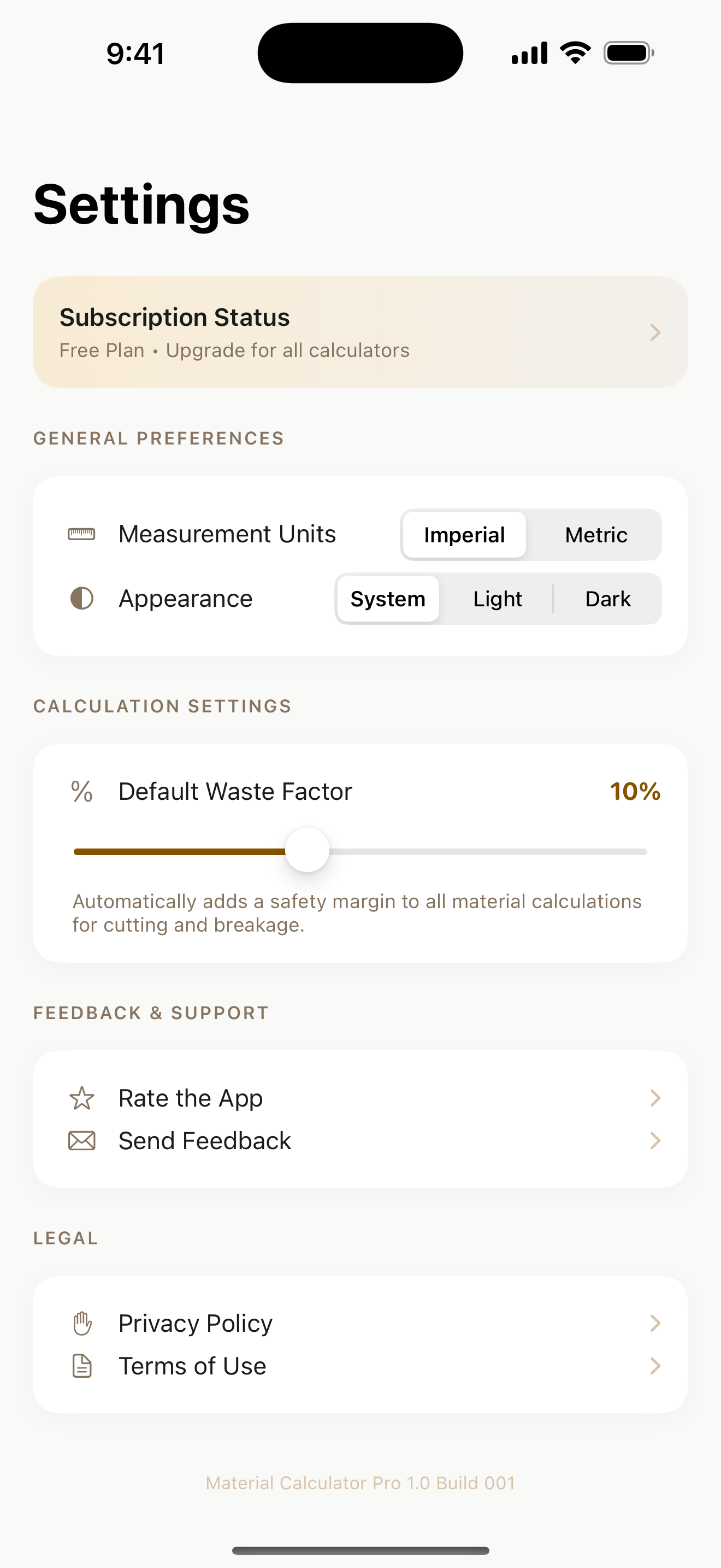Material Calculator Pro settings screen showing subscription status